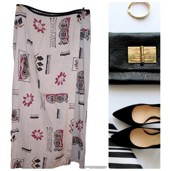 Linen Flax Blend RED n BLACK Long Wrap Skirt Sarong Size 14 Aztec Tribal Print● - Picture 10 of 12